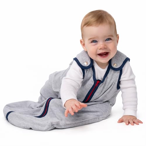 Image of Baby Deedee Sleep Nest Lite - Cotton Sleep Sack 0.6 TOG 18-36M Heather Navy | Patented shoulder snaps and full-length zipper support easy dressing and diaper changes for warmer routines