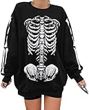 Women Gothic Skeleton Sweatshirt Punk Oversized Skull Graphic Sweater Y2K Halloween Long Sleeve Hoodies Pullover Black