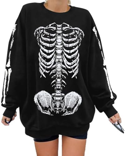 Women Gothic Skeleton Sweatshirt Punk Oversized Skull Graphic Sweater Y2K Halloween Long Sleeve Hoodies Pullover Black