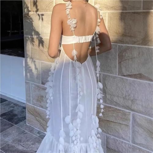 Women White Tassel Hem Gown 3D Floral Tulle Beach Wedding Resort Dress Elegant Maxi Summer4