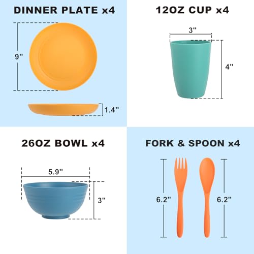 Image of Wheat Straw Dinnerware Sets, 20 PCS Service for 4, Dishwasher & Microwave Safe Kids Plates and Bowls Sets, Unbreakable Lightweight Outdoor Camping Dishes - Multicolor