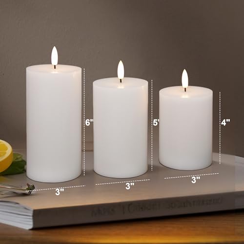 Image of White Flameless Pillar Candles, Battery Operated Wax Candles with Remote, Flat Top Flickering Flameless Candles, LED Candle for Home, Wedding, Party Decor, Set of 3, Φ 3 inch H 4 inch 5 inch 6 inch