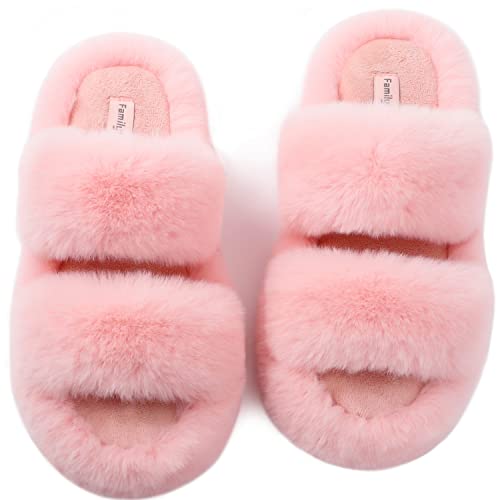 FamilyFairy Womens Fluffy Faux Fur Slippers Comfy Open Toe Two Band Slides with Fleece Lining and Rubber Sole(7-8 Coral Pink)