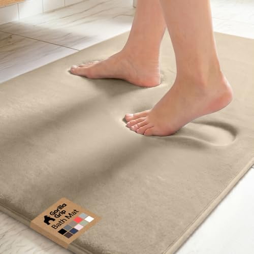 Image of GORILLA GRIP Memory Foam Bath Mat, Soft Absorbent Velvet Bathroom Mats, Durable Dots on Underside, Machine Washable Bathmat, Carpet Rug Room Decor for Shower Tub Floor RV, 36x24 Rugs, Taupe