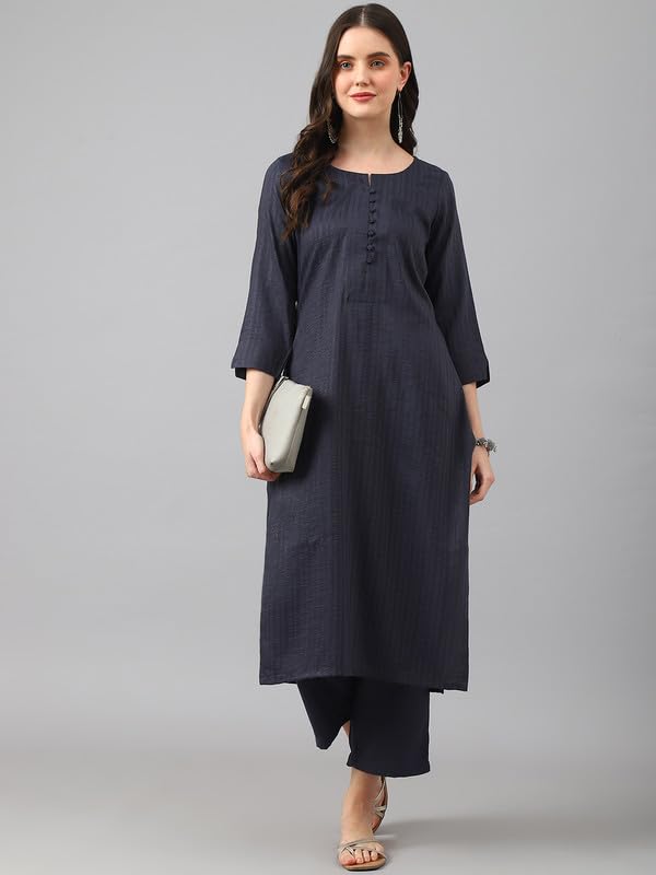 Image of Hritika Women's Viscose Kurti and Pant Set | Calf-Length Striped Kurta Set with Round Neck & 3 /4 Sleeves | Button Closure (HRKR2 HRKB0048DGRY XS)