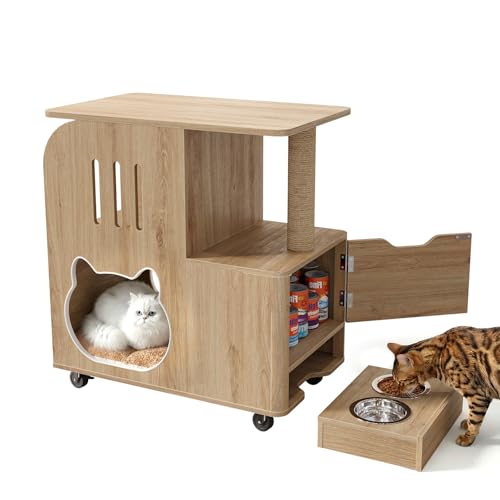 NEWOWNDS Dog Proof Cat Feeding Station with Two Feeding Bowls Cat Feeding Station with Scratching Board Raised Bowls for Indoor Cats All-in-One Cat Food Table Cart with Moving Wheels