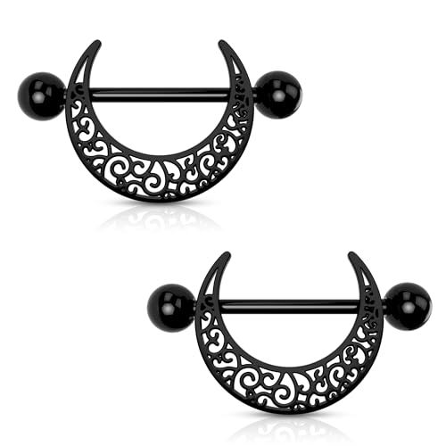 Melighting Black Nipple Rings 14G Pattern Piercing Jewelry for Women - Stainless Steel 316L Moon Barbell