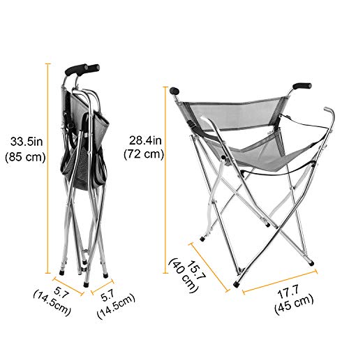 Freshore Walking Stick Chair Seat - Folding Camping Cane Portable Stool Heavy Duty Aids for Seniors ( L Size Grey) - Thumbnail 2