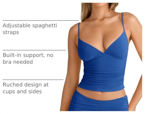 Image of PINKMSTYLE Women's Sexy V Neck Ruched Cami Top Sleeveless Spaghetti Double Layer Fitted Crop Tank Tops