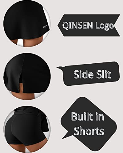 QINSEN Women\'s Athletic Tennis Skirts Built-in Shorts High Waisted Workout Skirt Activewear Black S