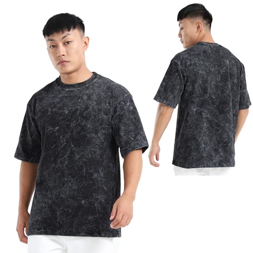 Image of fanideaz Mens 240 GSM Heavy Cotton Acid Wash Oversize T-Shirt Half Sleeve Round Neck Drop Shoulder Oversize Fit