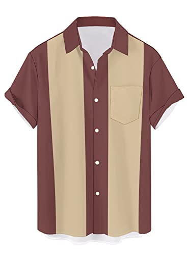 QIVICIMA retro Bowlinghemden für Männer 50er Jahre Vintage Button Down-Shirts Farbe Block aktive Hemden Flamingo Druck Hemd, 1 A Wine Beige, M