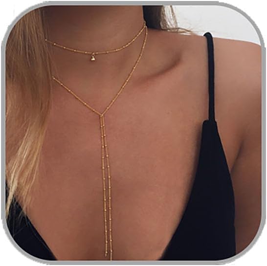 Lariat Long Necklace for Women Dainty Gold Long Necklaces Trendy Y-Shaped Pendant Necklace Layered Beaded Chain Necklaces