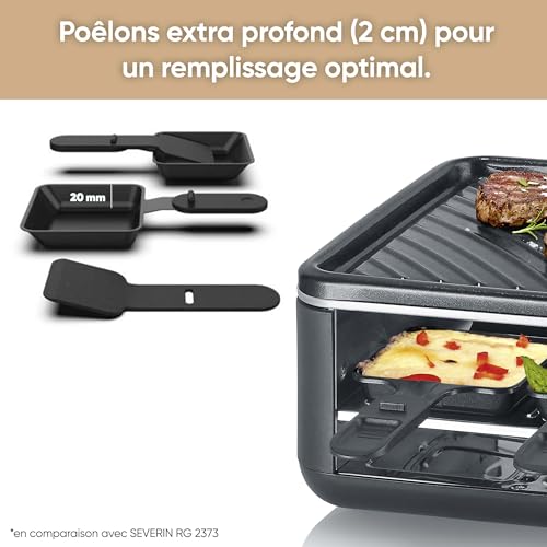 SEVERIN Raclette Gril 4 personnes, Appareil à raclette compact, Mini Raclette avec Plaque Anti-adhésive 24 X 24 cm, Inclus 4 Poêlons et Spatules clipsables, Noir, RG 2360