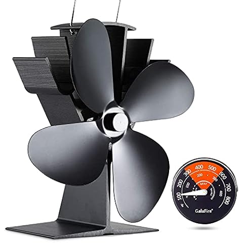 GALAFIRE 4-Blades Heat Powered Wood Stove Fan + Magnetic Thermometer, 122°F Start Non Electric Eco Fireplace Fan for Gas/Pellet/Log/Wood Burning Stoves, Silent Operation, 2-Years, N429, Black Cover