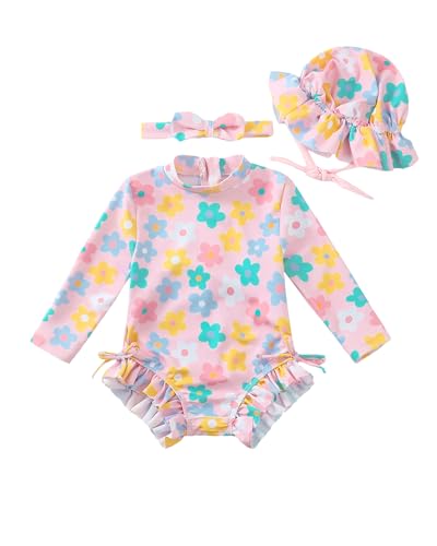 Image of Renotemy Baby Girls Swimsuit Drawstring Zip Bathing Suit Long Sleeve One-Piece Rash Guard Swimwear with Hat for Infant Girl