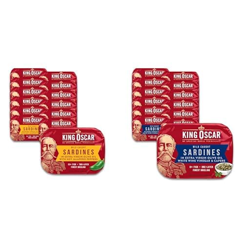 King Oscar Wild Caught Sardines Bundle - Hot Jalapeno Peppers & White Wine Vinegar with Capers, 3.75 Ounce (Pack of 12 Each)