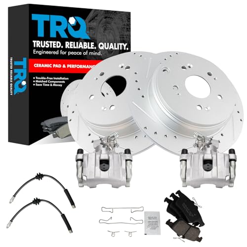 Image of TRQ Performance Rear Brake Pad and Rotor Set Ceramic Slotted Drilled G Coated Calipers Hoses Compatible with 2009-2013 Mazda 3 S 2009-2013 Mazda 3 MazdaSpeed