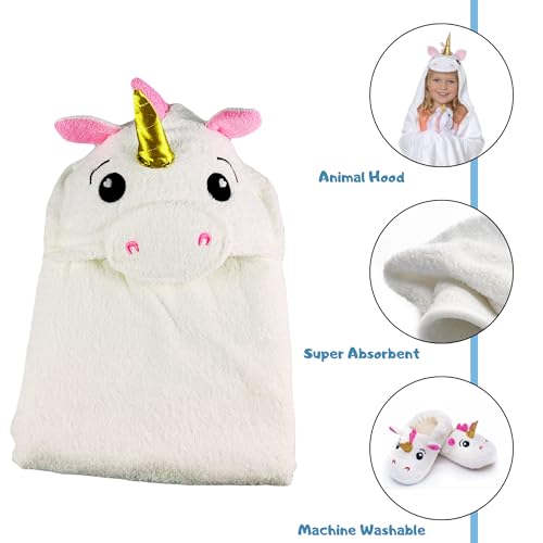 Image of SoapSox Hooded Towel & Slipper Set for Kids - Soft Cotton Towel w /Hand Pockets + Matching Slippers - 27x45 inch Gift Set