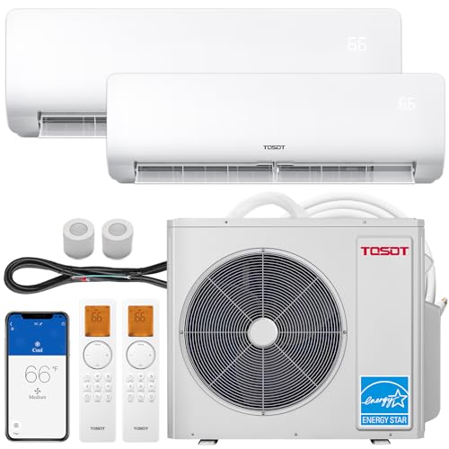 TOSOT 36,000 BTU Dual 2 Zone Mini Split Air Conditioner with Heat Pump, 21 SEER2, 230V, Wifi-Enabled Ductless Inverter Split System with 16.4 ft Copper Line Set, 12,000 + 24,000 BTU, Cosmo Series