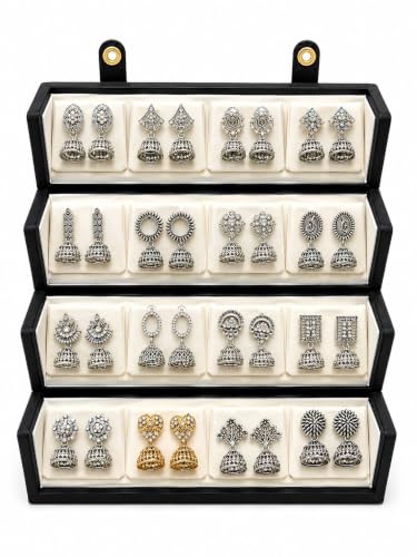 Image of Mirakii Jewels Oxidized Silver Jhumka Earrings Set for Women & Girls (16 Pairs) | Traditional Jhumki Combo | Multi Design Jhumka Collection with Premium Gift Box