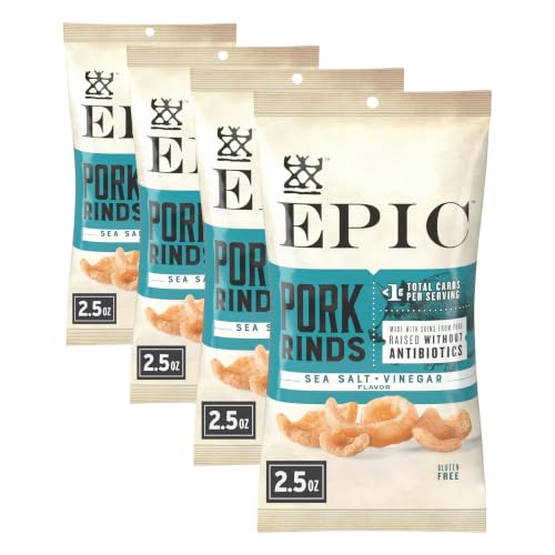 EPIC Sea Salt and Vinegar Pork Rinds, Keto Friendly, Protein Snacks, 2.5 oz (Pack of 4)