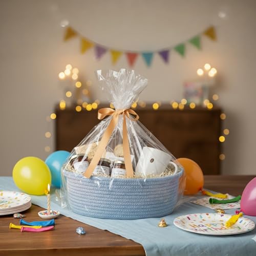 Image of 2-Pack Small Woven Gift Baskets Empty with Bags & Ribbons, Storage Basket for Father's Day for Dad, Baby Shower, Raffle, Birthday, Cute Organizer with Handles, 12 inchx8 inchx5 inch, Blue