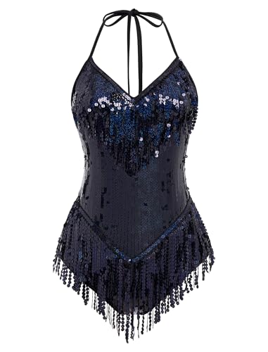 IDOPIP Body Femme Paillettes Franges V-Neck - Justaucorps Danse Latine Salsa Tango Nuit