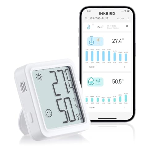 Inkbird Termómetro Higrómetro WiFi,IBS-TH3-PLUS Sensor Temperatura Interior WiFi con Pantalla LCD,App Soporta,Alerta y Almacenamiento Datos,Termómetro y Higrómetro Digital para Bodega, Invernadero