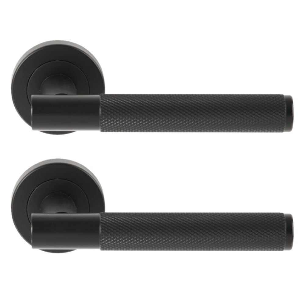 Hunta HANDLEZONE® Evo Knurled Grip Lever On Round Rose Door Handles, Internal Passage Latch Handles, 1 Set - Black Matt