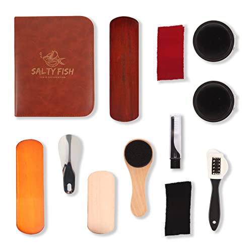 12PC Travel Shoe Polish Kit for Men,SALTY FISH Leather Shoe Shine Kit for Shoe Care and Cleaning, with Luxury Case, Horsehair Shoe Brushes, Suede Cleaner, Sponge Applicator, Buffing Clothes, Shoe Horn - Thumbnail 2