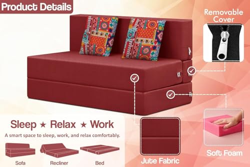Image of Rosebell Two Seater Foldable Sofa Cum Bed (4x6 Feet) Jute Fabric, Washable Removable Cover, Includes Cushion | Space Saving Convertible Sofa Bed for Home, Office & Guests - Red Color