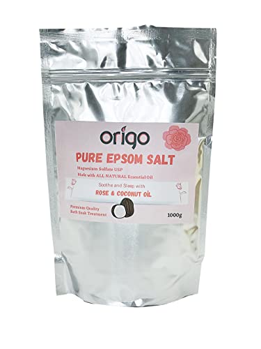 Origo Pure Epsom Salt with Rose Oil (rosa damascena) and Coconut Oil 1KG Best for Good Sleep and Raising Your Body Frequency - Stress Relief - Beauty - Relaxing - Body Care