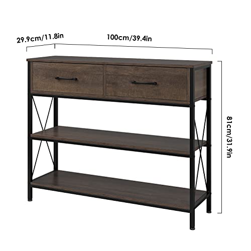 Hithos Industrial Console Table With Drawers, Vintage Hallway Foyer Table With Storage Shelves, Narrow Long Sofa Entryway Table For Living Room, Dark Brown #TOP2