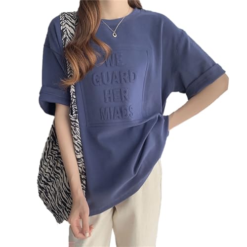[Big laugh] [ ビッグラフ ] ｔシャツ ゆったり トップス ワイド ドロップ ショルダー 夏 快適 無地 ロゴ 韓国 風 半袖レディース(ブルー, XL)（Amazon）