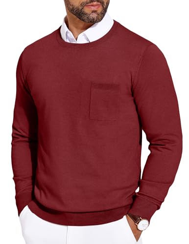 COOFANDY Pullover Herren Rundhals Slim Fit Pullover Langarm Feinstrick Winterpullover mit Brusttasche Rot S