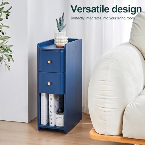 Image of FurSch Narrow Nightstand, Wooden 2 Drawer, Slim Side End Table, Blue, 1 pc