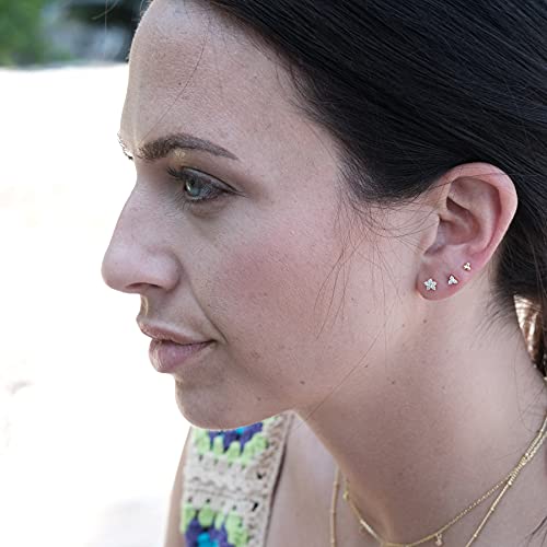 Set Of 3 Single Studs In Sterling Silver 925 Rhodium Plated Small Stud Earrings Set | Screw Back Studs | Tiny Cartilage Earring | Second Hole Earring | Tiny Three Spheres Three Stone Cluster Flower Cz #TOP1