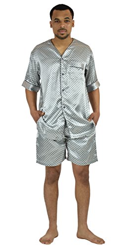 Up2date Fashion Men's Satin Pajamas Set Short Sleeve Tops with Shorts V Neck Button Down Sleepwear 2 Pieces Loungewear