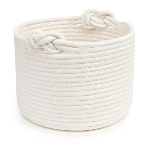 Woven Rope Storage Basket Baby Toy Basket with Handle Cotton Laundry Basket Gift Basket Empty Suitable for Living Room Bedroom Bathroom (White 24×18cm)