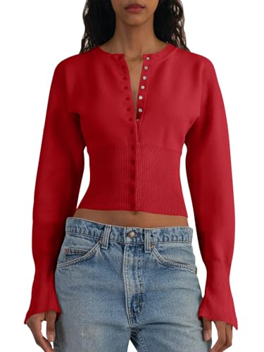 Image of Saodimallsu Womens Cropped Sweaters Cardigan | Button Down,Long Sleeve,V Neck,Ribbed Knit,Slim Fit ,Pullover Crop Tops