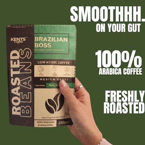 Image of Kents Coffee Brazilian Boss | Roasted Coffee Beans | LOW ACIDIC COFFEE | Best Medium Roast | 100% Arabica from Chikmagalur | Taste Like Nutty, Smooth & Choco Notes | Freshly Roasted | Chikmangalur Single Estate Speciality Bean | Sun-Dried & Washed Arabica (200g)