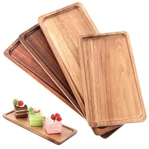 4 Pcs Wooden Serving Tray, Acacia Wood Tray with Raised Edge, Rectangular Wooden Serving Platter for Display Snacks, Fruit, Sushi, Cheese, Candle
