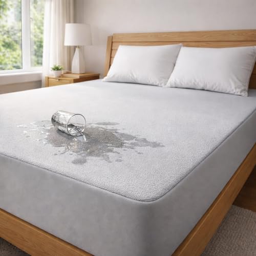 Image of Mattress Protector King Size, Terry Cotton Waterproof Bed Protector King Size, 78x72x8 Inch, Breathable Noiseless Ultra Soft, Elastic Fitted Mattress Cover | Bed Cover (Grey)