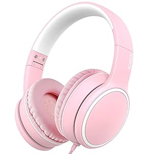 RORSOU R10 Over-Ear Headphones with Microphone, Lightweight Folding Stereo Bass Headset with 1.5M No-Tangle Cord, Portable Wired Headphones for Smartphone Tablet Computer MP3 / 4 (Pink)