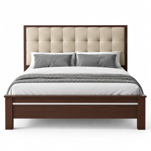 Image of APRODZ Sheesham Wood Bed | Queen Size Bed (78x60 Inches) Without Storage | Solid Wood Double Bed with Tufted Headboard | Premium Cot Furniture for Bedroom | Bed Queen Size | Beige