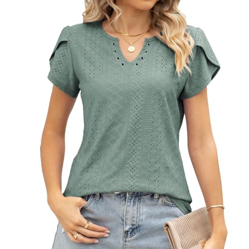Red Plume T-Shirts for Women Short-Sleeved V-Neck Cut Out Loose Casual Fashion Ladies Blouses Large Dark Green