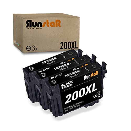 Run Star Remanufactured 200XL Black Ink Cartridge Replacement for Epson 200XL T200XL T200 Black for Expression Home XP-200 XP-300 XP-310 XP-400 XP-410 Workforce WF-2520 WF-2530 WF-2540 Printer, 3-Pack