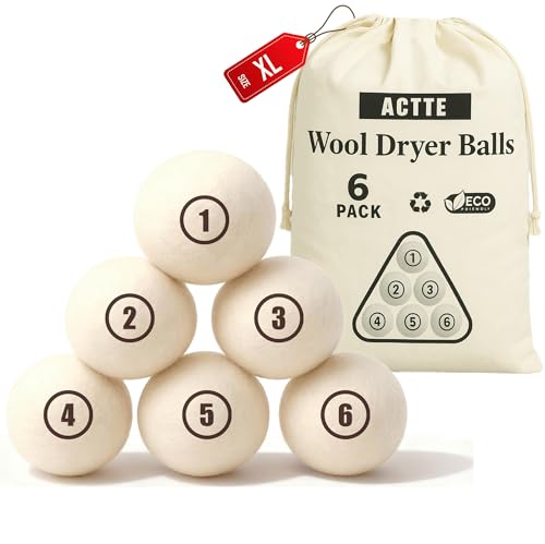 ACTTE Wool Dryer Balls Laundry, L(2.3") 6 Pack, Premium Fabric Softener Ball, Reusable, Anti Static, Chemical Free Natural Wool Balls for Dryer, Laundry Dryer Balls – 100% New Zealand Wool