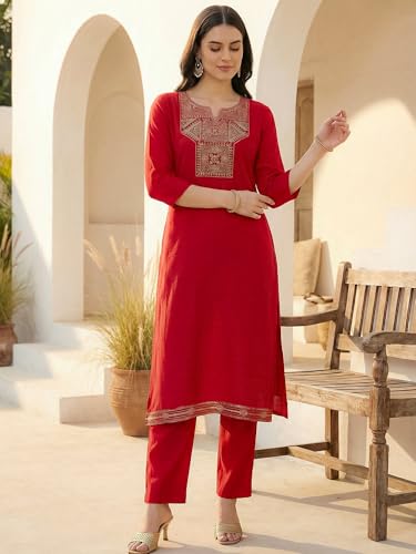Image of INDO ERA Women's Silk Blend Embroidered Zari Work Straight Kurta & Pant Set | Cord Set For Women